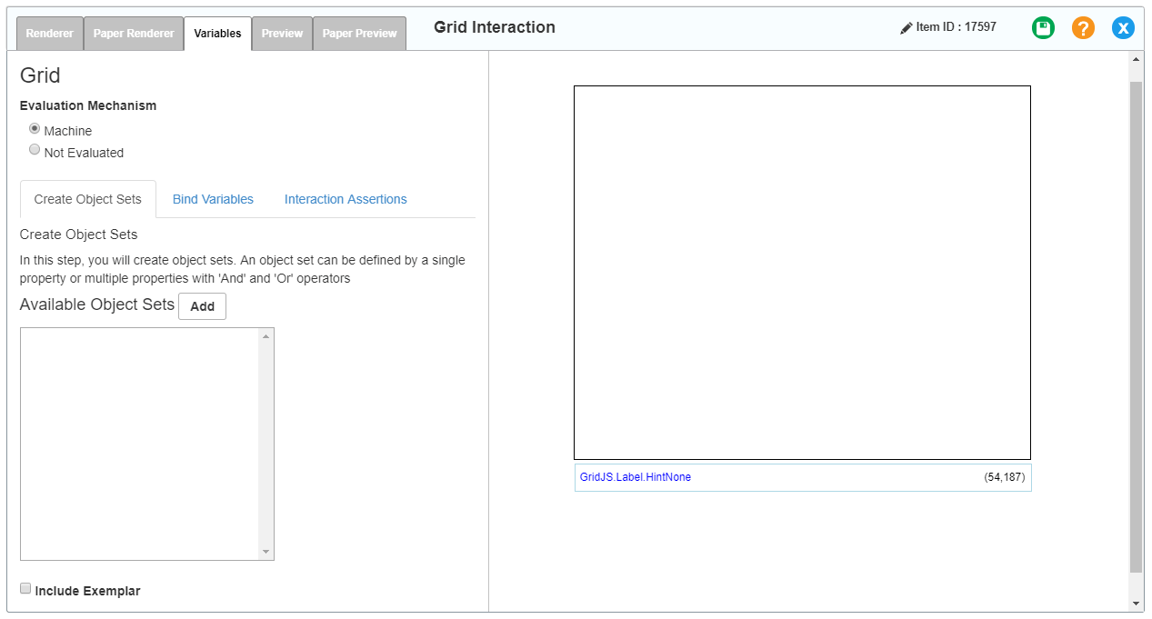 Grid interaction editor window: standard Grid: Variables tab: Create Object Sets sub-tab